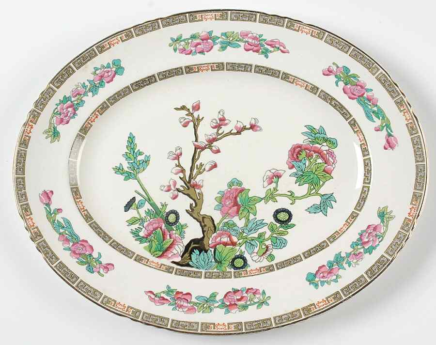 Indian Tree (Gold Trim, Semiscalloped) 12" Oval Serving Platter by John Maddock & Sons-1