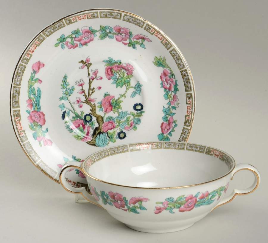 Indian Tree (Gold Trim, Semiscalloped) Flat Cream Soup Bowl & Saucer Set by John Maddock & Sons-1