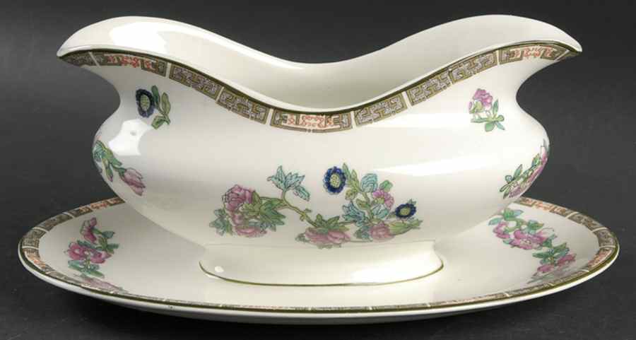 Indian Tree (Green Trim) Gravy Boat with Attached Underplate by John Maddock & Sons-1