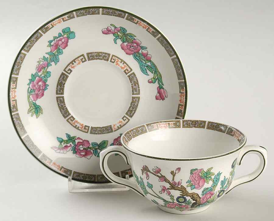 Indian Tree (Green Trim) Flat Bouillon Cup & Saucer by John Maddock & Sons-1