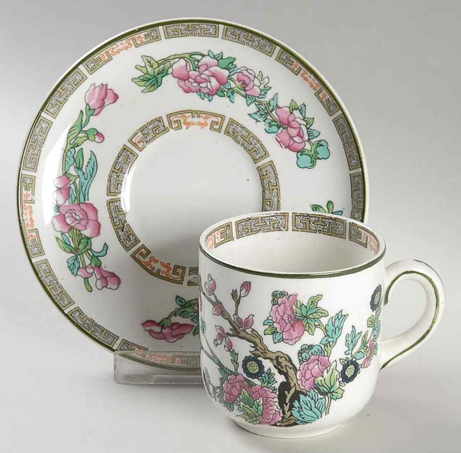 Indian Tree (Green Trim) Flat Demitasse Cup & Saucer Set by John Maddock & Sons-1