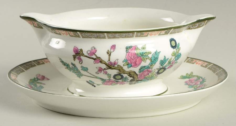 Indian Tree (Green Trim) Gravy Boat with Attached Underplate by John Maddock & Sons-1