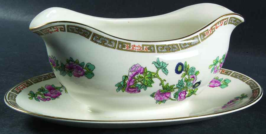 Indian Tree (Smooth, Gold Trim) Gravy Boat with Attached Underplate by John Maddock & Sons-1