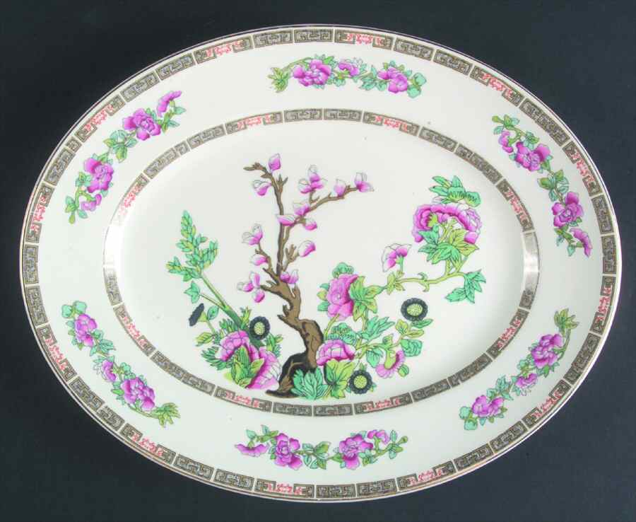 Indian Tree (Smooth, Gold Trim) 12" Oval Serving Platter by John Maddock & Sons-1