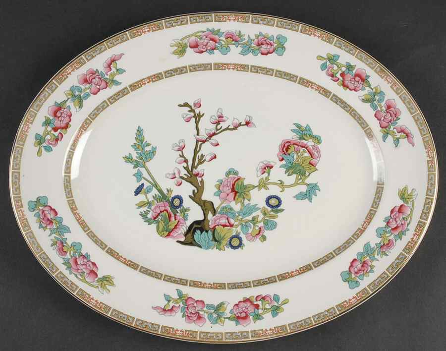 Indian Tree (Smooth, Gold Trim) 14" Oval Serving Platter by John Maddock & Sons-1