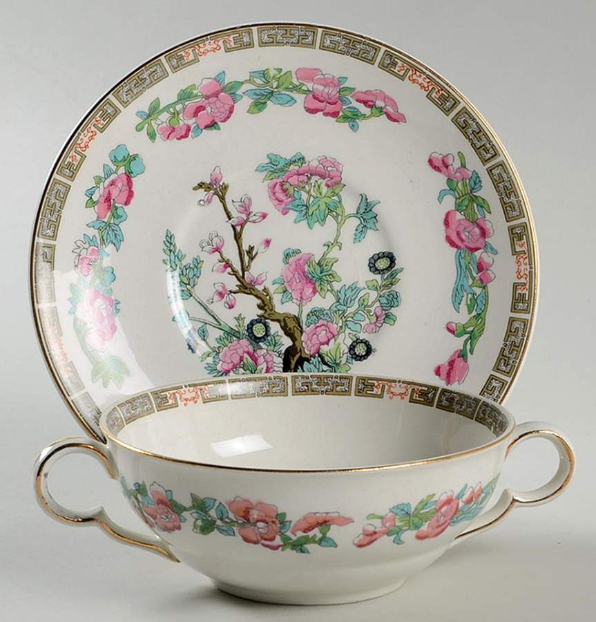 Indian Tree (Smooth, Gold Trim) Flat Cream Soup Bowl & Saucer Set by John Maddock & Sons-1