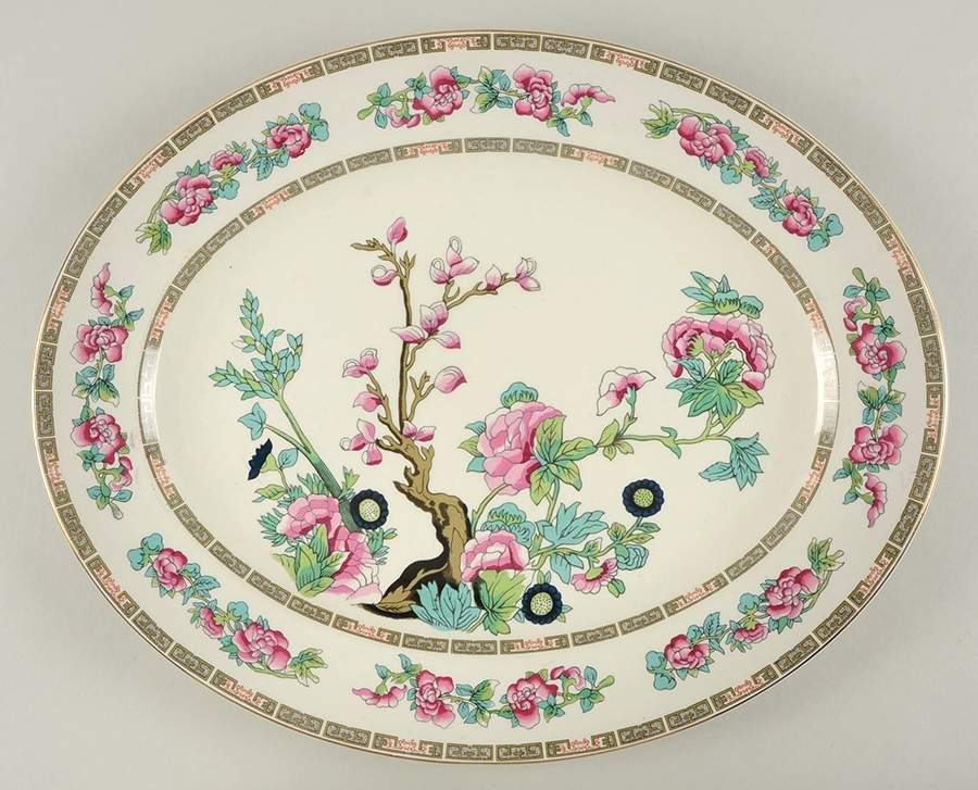 Indian Tree (Smooth, Gold Trim) 15" Oval Serving Platter by John Maddock & Sons-1