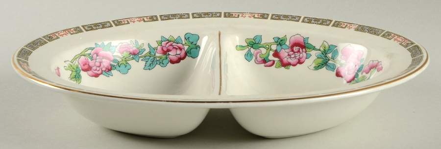 Indian Tree (Smooth, Gold Trim) 9" Oval Divided Vegetable Bowl by John Maddock & Sons-1