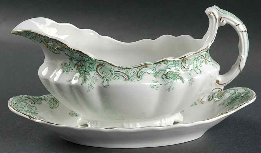 Majestic Green (Scalloped, Gold Accent) Gravy Boat & Underplate by John Maddock & Sons-1