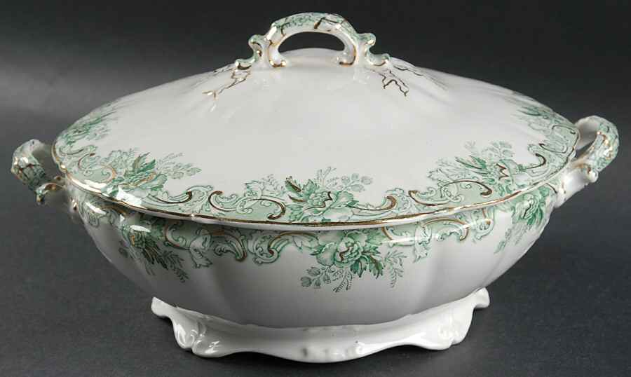 Majestic Green (Scalloped, Gold Accent) Round Covered Vegetable by John Maddock & Sons-1