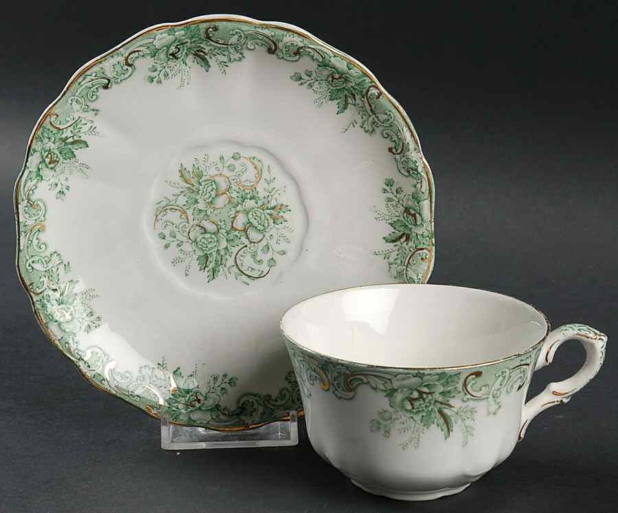 Majestic Green (Scalloped, Gold Accent) Flat Cup & Saucer Set by John Maddock & Sons-1