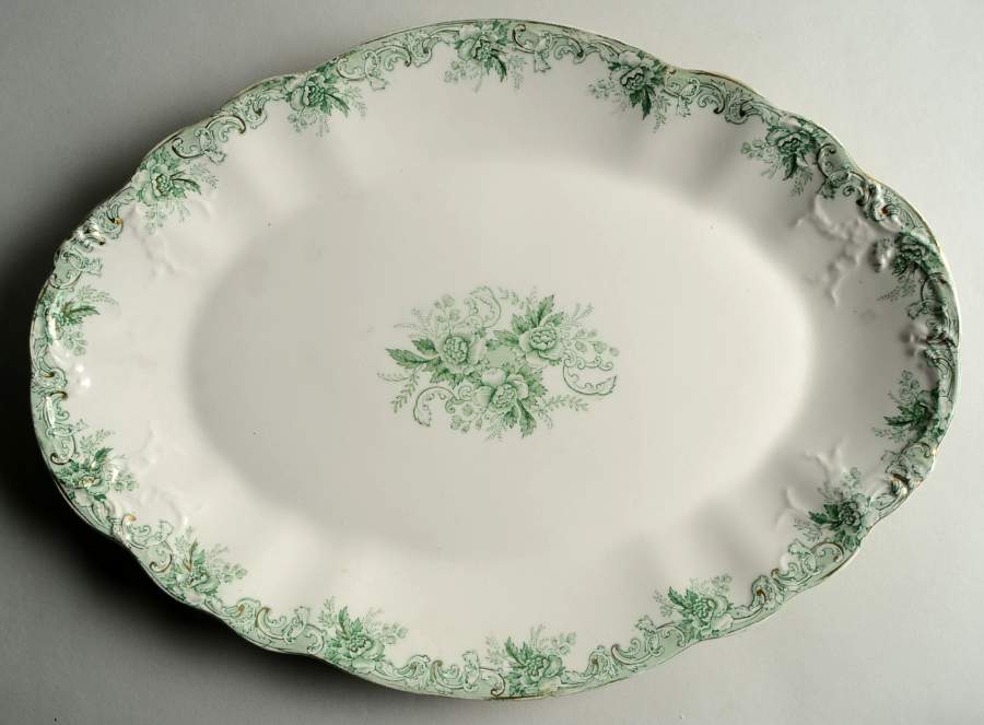 Majestic Green (Scalloped, Gold Accent) 16" Oval Serving Platter by John Maddock & Sons-1