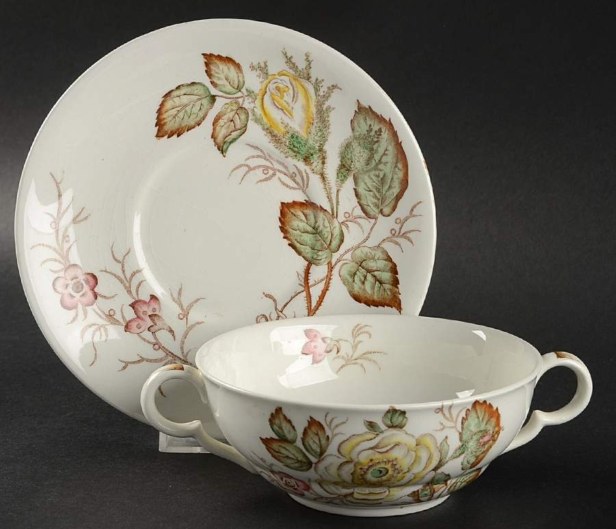 Old Rose Flat Cream Soup Bowl & Saucer Set by John Maddock & Sons-1