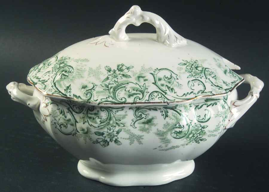 Rococo Green Sauce Boat & Lid by John Maddock & Sons-1
