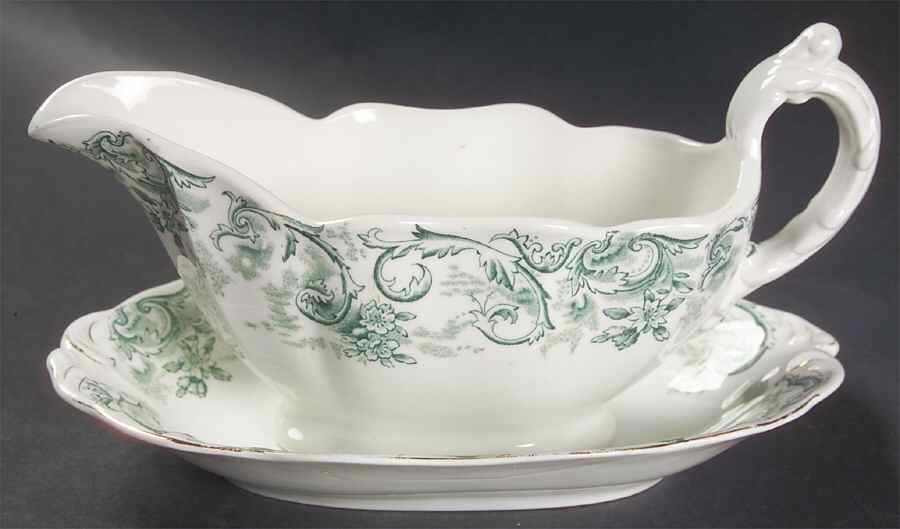 Rococo Green Gravy Boat & Underplate/Relish by John Maddock & Sons-1