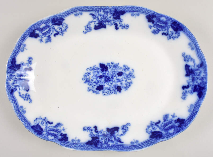 Roseville (Flow Blue) 14" Oval Serving Platter by John Maddock & Sons-1
