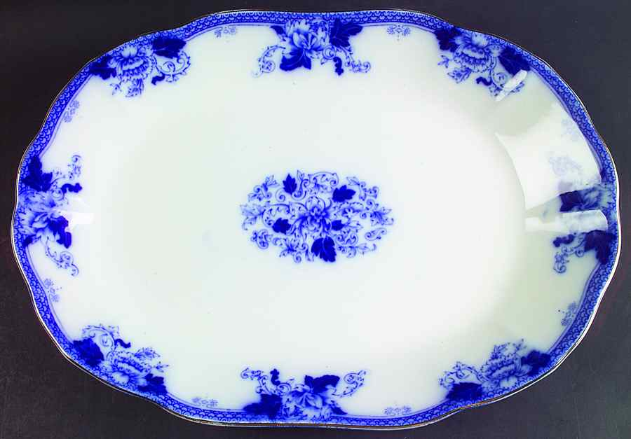 Roseville (Flow Blue) 16" Oval Serving Platter by John Maddock & Sons-1