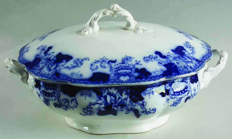 Roseville (Flow Blue) Oval Covered Vegetable by John Maddock & Sons-1