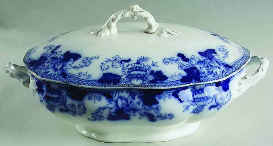 Roseville (Flow Blue) Oval Covered Vegetable by John Maddock & Sons-1