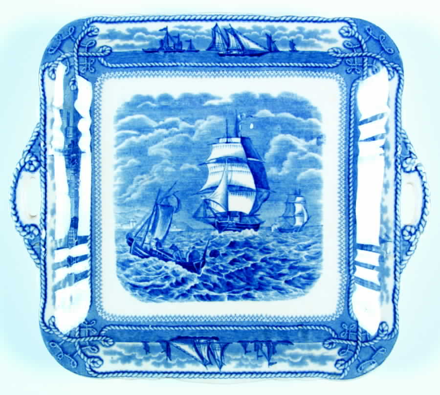 American Marine Blue (Scalloped) Square Handled Cake Plate by Mason's-1