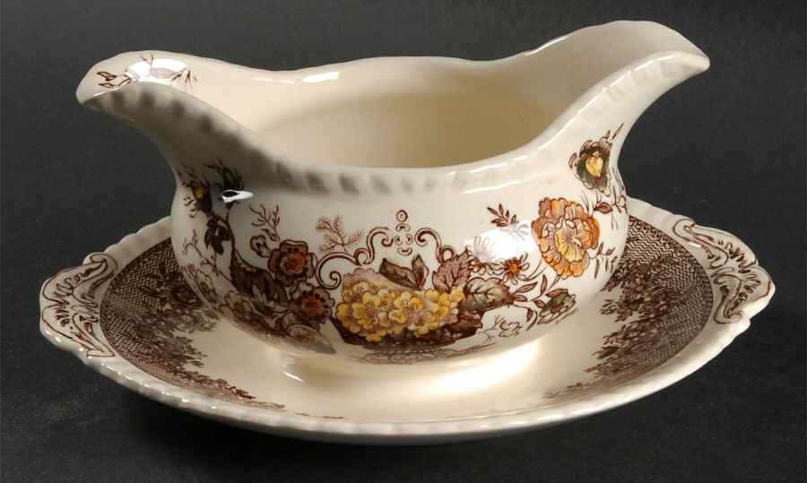 Ascot Brown Multicolor Gravy Boat with Attached Underplate by Mason's-1