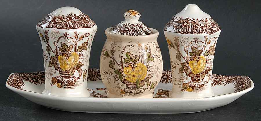Ascot Brown Multicolor Salt & Pepper, Mustard with Lid & Ceramic Tray by Mason's-1