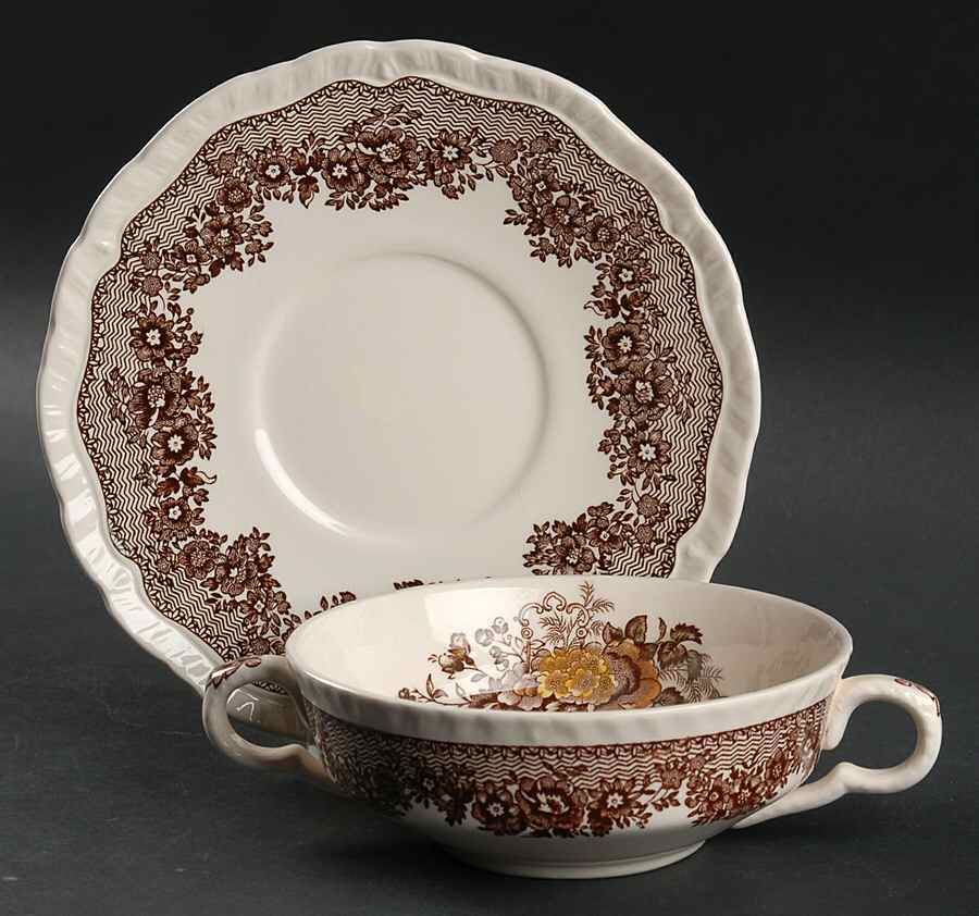 Ascot Brown Multicolor Flat Cream Soup Bowl & Saucer Set by Mason's-1