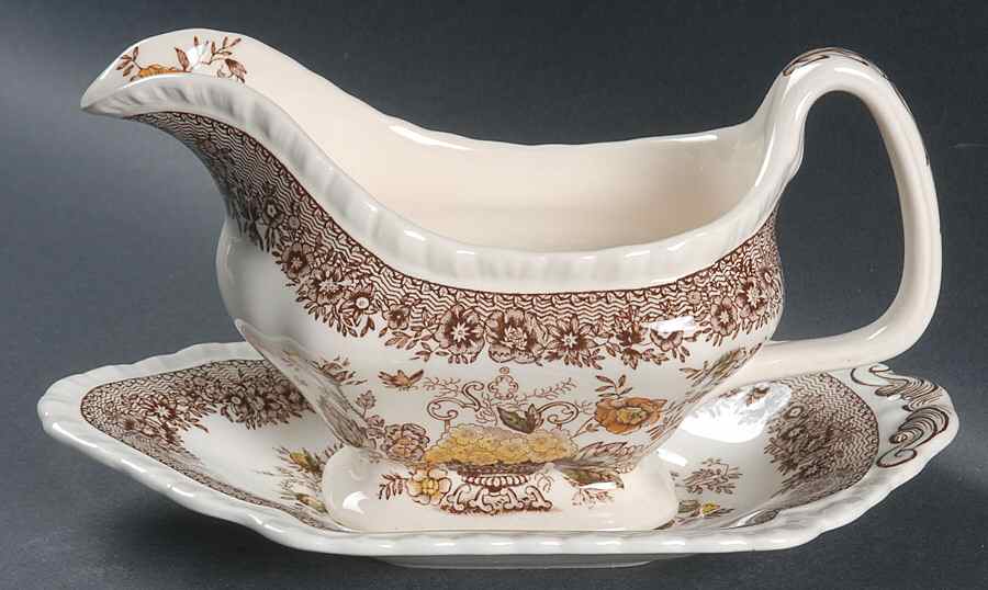 Ascot Brown Multicolor Gravy Boat & Underplate by Mason's-1