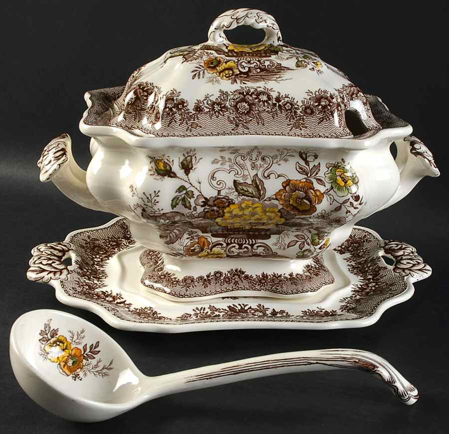 Ascot Brown Multicolor Tureen & Lid w/Ladle & Underplate by Mason's-1