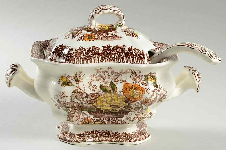 Ascot Brown Multicolor Sauce Boat & Lid with Ladle by Mason's-1