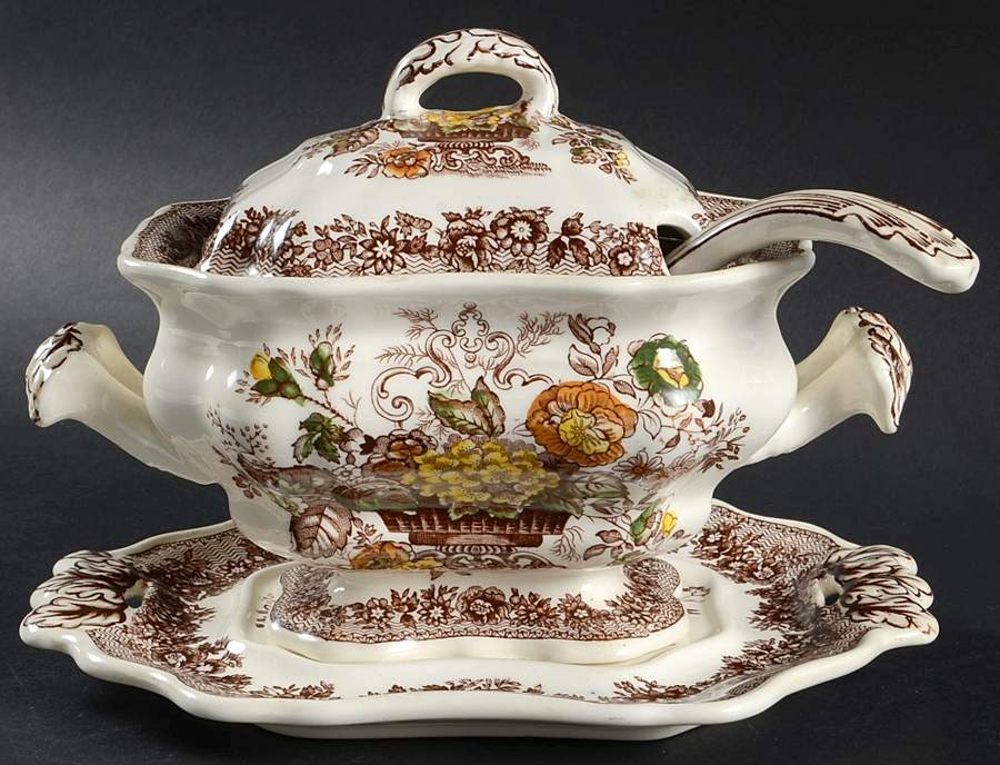 Ascot Brown Multicolor Sauce Boat & Lid & Underplate & Ladle by Mason's-1