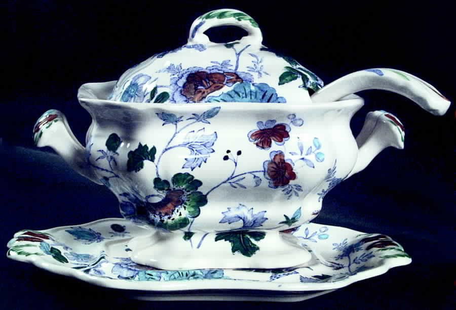 Belvedere Blue Multicolor Sauce Boat & Lid & Underplate & Ladle by Mason's-1