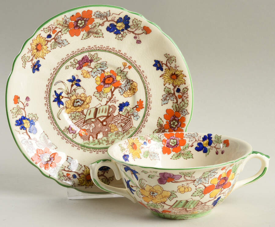 Bible (Green Bible) Flat Cream Soup Bowl & Saucer Set by Mason's-1