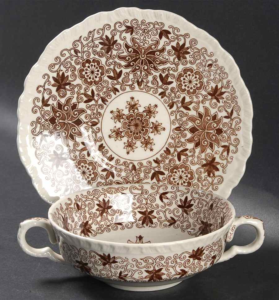 Bow Bells Brown Flat Cream Soup Bowl & Saucer Set by Mason's-1