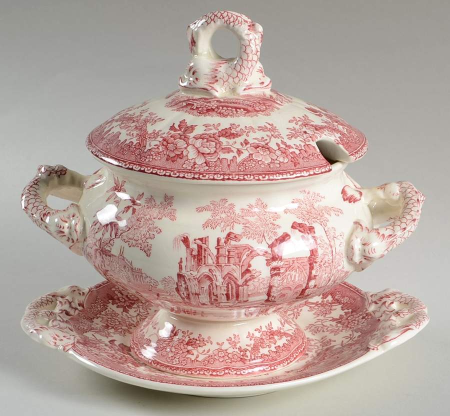 Fountains Red Sauce Boat & Lid with Underplate by Mason's-1