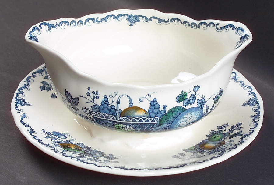 Fruit Basket Blue Multicolor Gravy Boat with Attached Underplate by Mason's-1