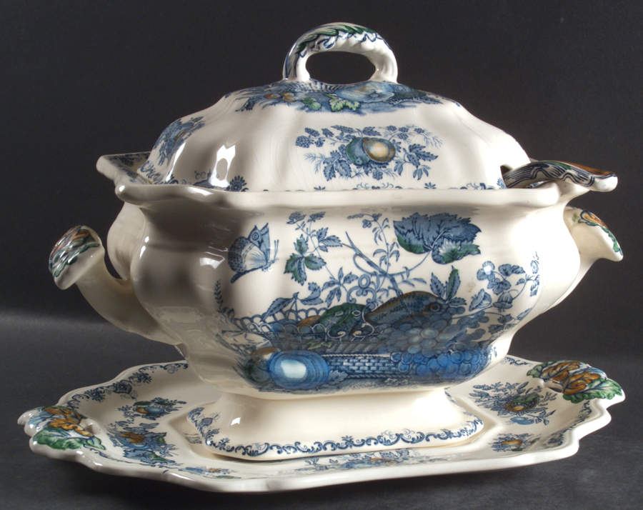 Fruit Basket Blue Multicolor Tureen & Lid w/Ladle & Underplate by Mason's-1