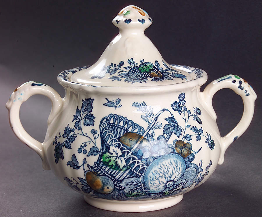 Fruit Basket Blue Multicolor Sugar Bowl & Lid by Mason's-1
