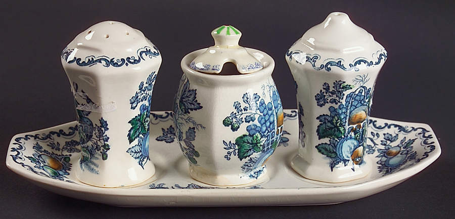 Fruit Basket Blue Multicolor Salt & Pepper, Mustard with Lid & Ceramic Tray by Mason's-1