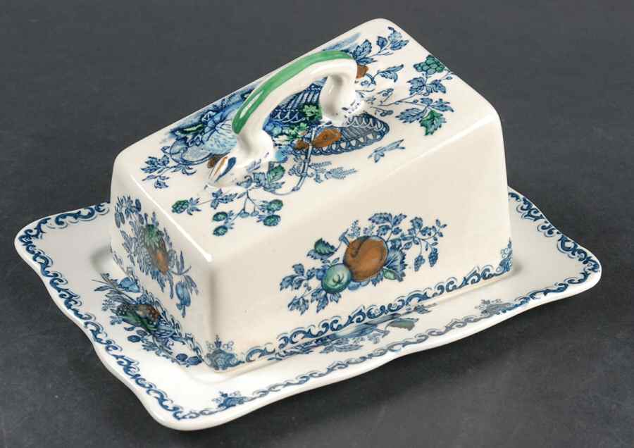 Fruit Basket Blue Multicolor Cheese Dish with Lid (Wedge) by Mason's-1