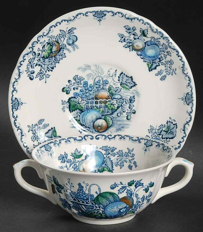 Fruit Basket Blue Multicolor Flat Cream Soup Bowl & Saucer Set by Mason's-1