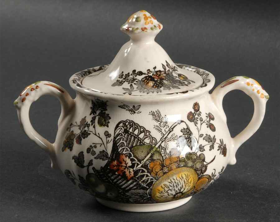 Fruit Basket Brown Multicolor Sugar Bowl & Lid by Mason's-1