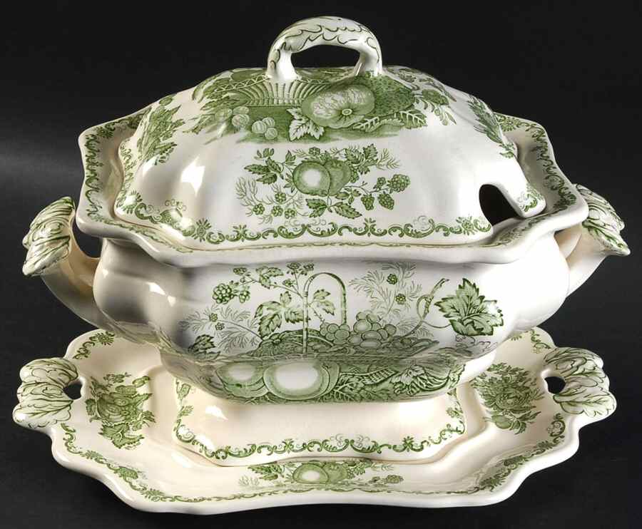 Fruit Basket Green Tureen & Lid w/Underplate by Mason's-1