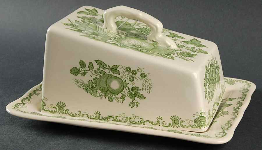 Fruit Basket Green Cheese Dish with Lid (Wedge) by Mason's-1