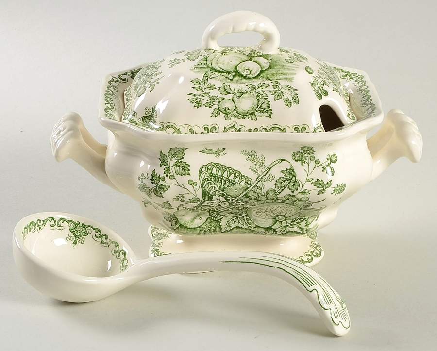 Fruit Basket Green Sauce Boat & Lid with Ladle by Mason's-1