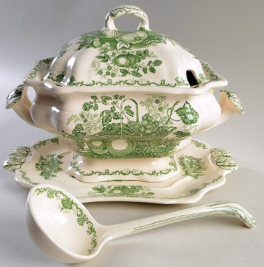 Fruit Basket Green Tureen & Lid w/Ladle & Underplate by Mason's-1