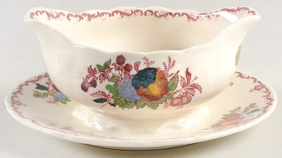 Fruit Basket Red Multicolor Gravy Boat with Attached Underplate by Mason's-1
