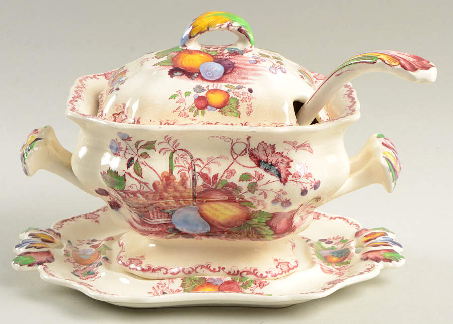 Fruit Basket Red Multicolor Sauce Boat & Lid & Underplate & Ladle by Mason's-1