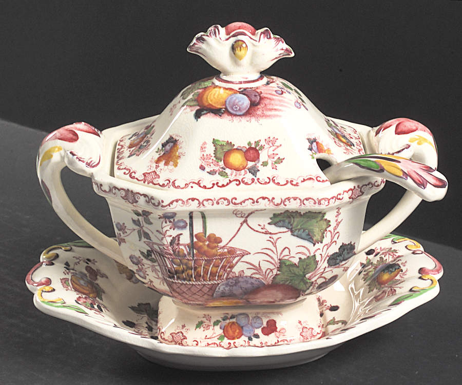 Fruit Basket Red Multicolor Sauce Boat & Lid & Underplate & Ladle by Mason's-1