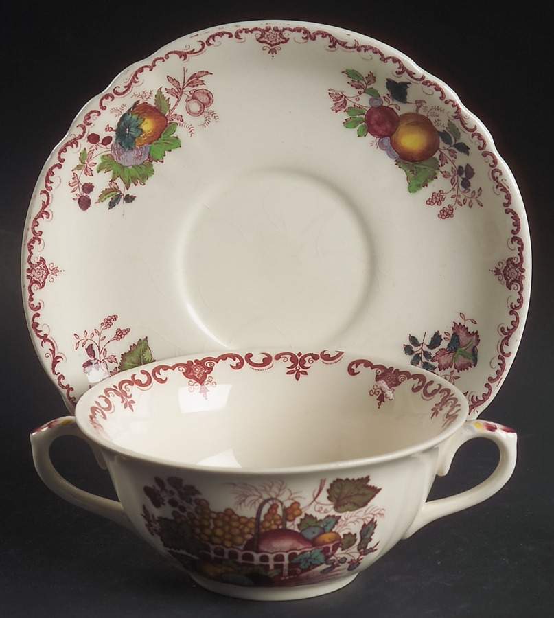 Fruit Basket Red Multicolor Flat Cream Soup Bowl & Saucer Set by Mason's-1